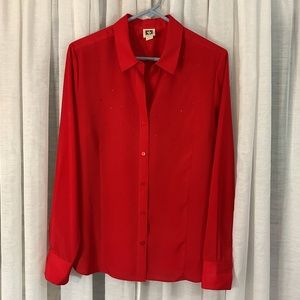 ANNE KLEIN sheer red blouse w/ red stud detail on front